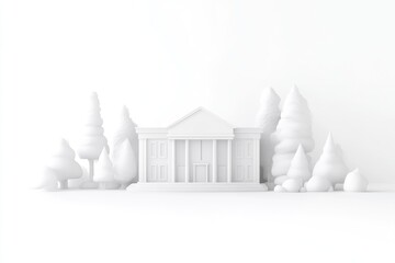 Minimalist 3D model of a classical building nestled in a park. Simple, white figures against a white background