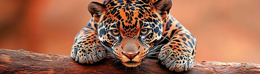 Obraz premium A beautiful jaguar rests on a tree branch and looks forward