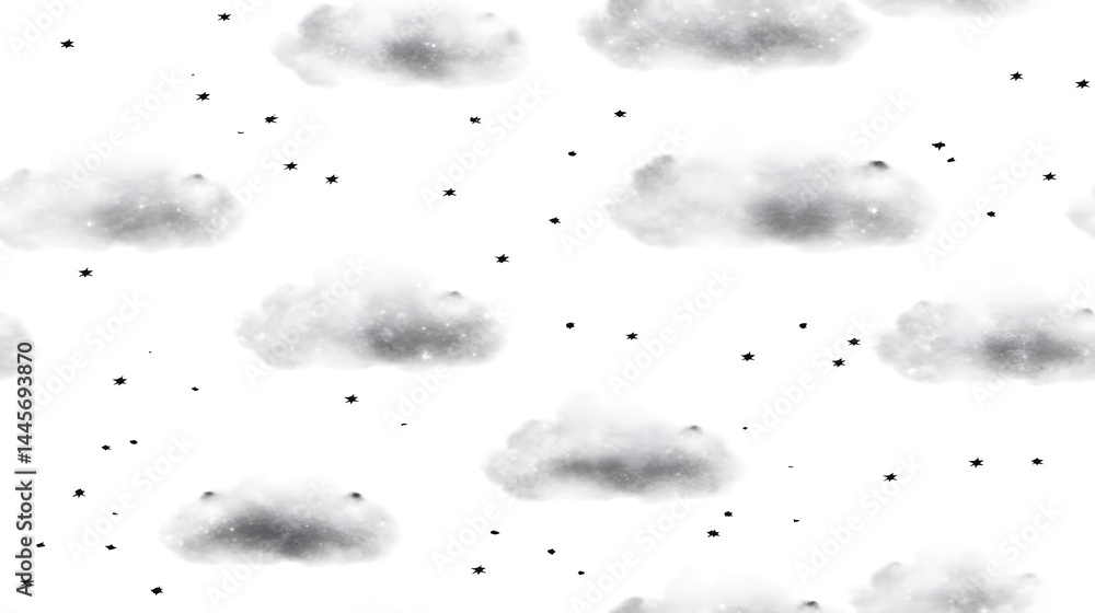 Poster a repeating pattern of grayscale clouds and specks.