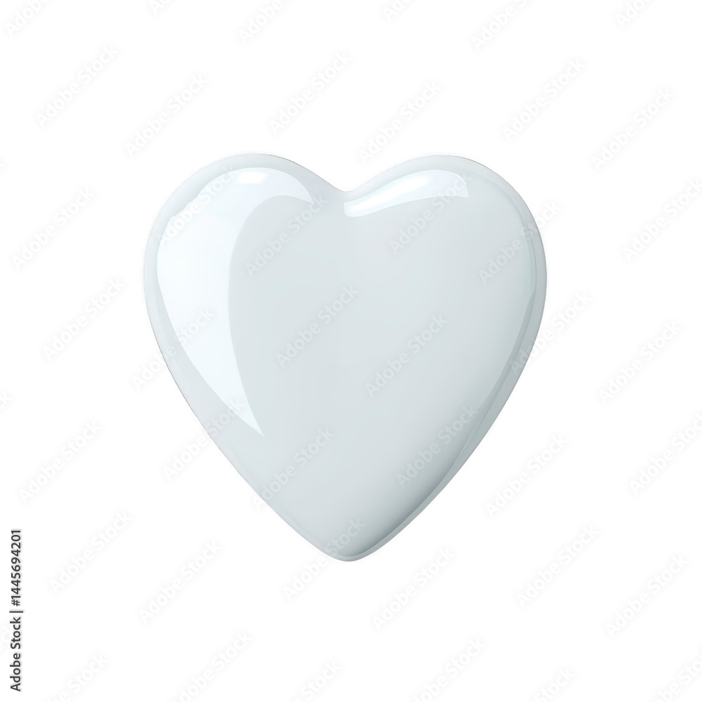Poster glossy white heart shape with smooth surface and reflective highlights, set against plain transparen