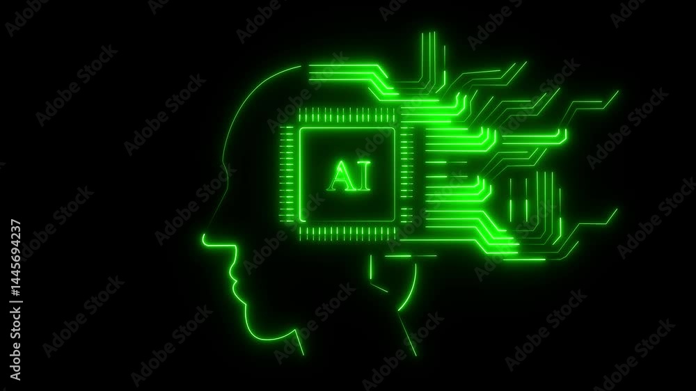 Fototapete human head line icon animation. glowing neon human head on black background ai computing neon animat