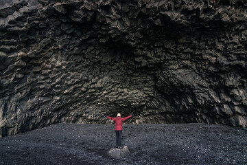 Reynisfjara black sand beach and basalt column mountain (South Iceland)