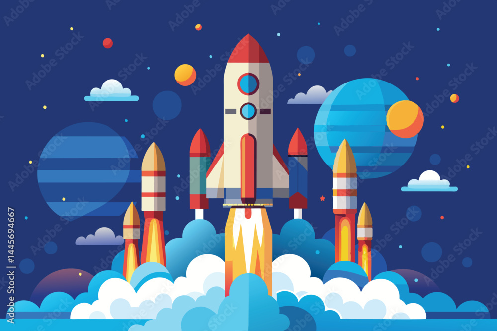 Poster this vibrant artwork features a rocket launch, showcasing several rockets lifting off amidst clouds 
