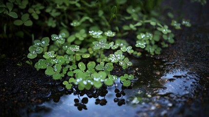 Naklejka premium Fresh green clovers grow near a small reflective puddle of water