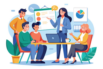 A diverse group of professionals engages in a brainstorming session around a table, discussing ideas with a presentation chart and laptop in a vibrant office.