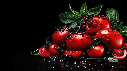 Vibrant red tomatoes, garnished with black pepper and herbs, arranged artfully on a dark surface