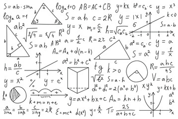 Collection of math formulas, equations, and graphs in clean linear style. Ideal for education and STEM projects.