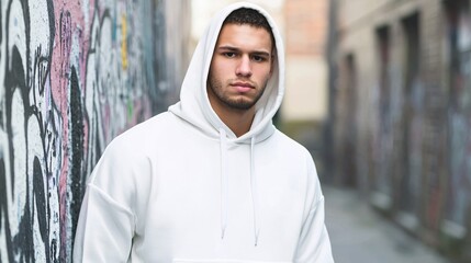 Obraz premium man loitering near a graffiti-covered alley, wearing hoodie, appearing suspicious, representing motivated offender in urban setting Crime triangle theory youth delinquency, crime risk, graffiti 