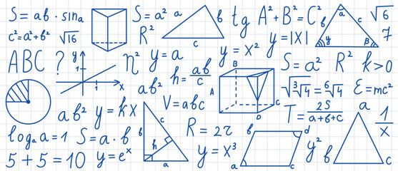 Mathematical elements, formulas, and diagrams on a squared notebook paper texture. Perfect for educational visuals and study-themed content.