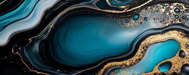 A luxurious fluid art background in peacock blue jet black and metallic gold with glossy ripple textures and fine splatter details