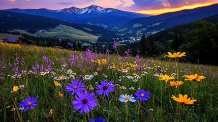 Obraz premium A field of wildflowers in a mountainous valley setting