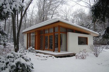 Modern architectural design in a snowy forest during winter season showcasing large windows and natural materials surrounded by trees