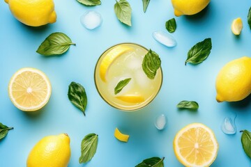 Lemonade Top View. Conceptual Art with Minimalistic Design of Fresh Lemonade and Ingredients
