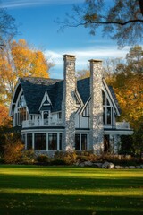 Beautiful autumn setting featuring a grand house with stone chimneys surrounded by vibrant fall foliage and a clear blue sky in an idyllic neighborhood