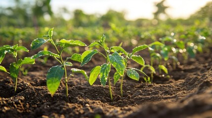 Young green pepper plants growing in a cultivated garden bed