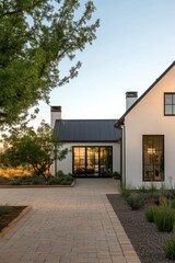 Modern house design with large windows, landscaped yard, and evening light showcasing the beauty of contemporary architecture in a tranquil setting