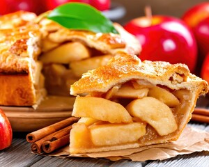 Realistic Close-Up of Delicious Warm Apple Pie with Golden Crust Surrounded by Fresh Apples and Cinnamon Sticks on Wooden Table