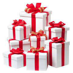 Obraz premium Stack of white gift boxes adorned with vibrant red ribbons and bows, creating festive and celebratory atmosphere. Perfect for holiday, birthday, or special occasion gifting