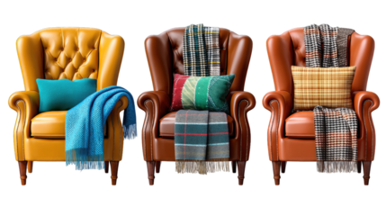 Cozy Comfort: Capturing the inviting allure of stylish armchairs with cozy textiles and pillows, creating a warm and welcoming scene for interior design and lifestyle themes.