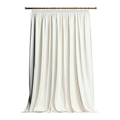 Fototapeta premium Elegant white fabric curtain with pleats hanging from a brass curtain rod on a plain white background, ideal for window dressing and interior decor
