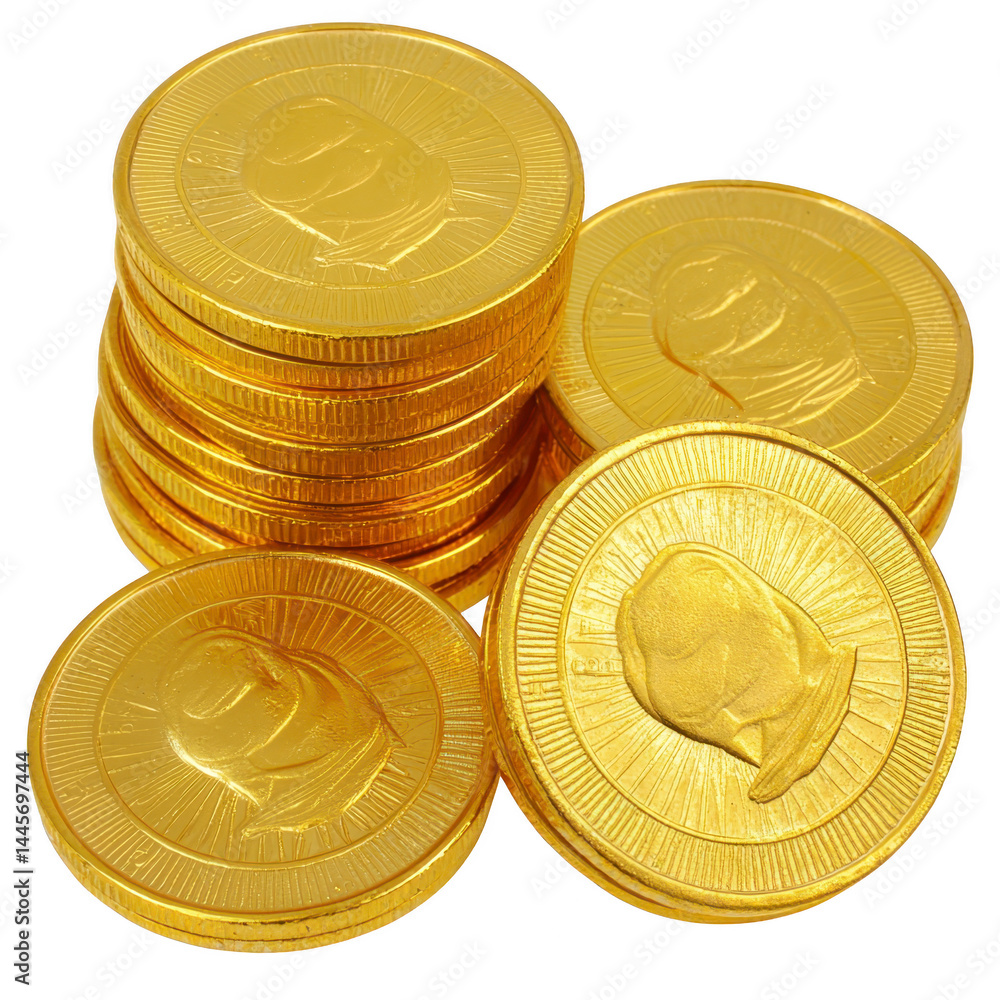 Poster stack of shiny gold coins with embossed designs is displayed, showcasing wealth and prosperity. coin