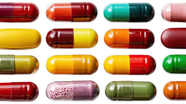 Pills of Promise: A high-angle, close-up view of a collection of vibrantly colored capsule pills, each with a unique hue, offering a glimpse into the world of medicine and pharmaceutical advancements.