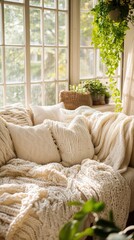 Cozy corner with plush throws and pillows by a sunny window