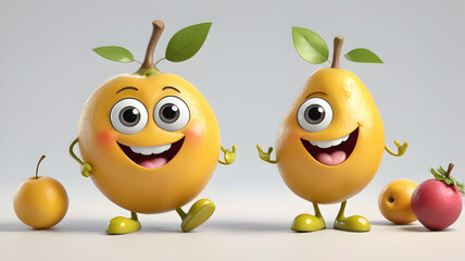 Adorable High-Quality Anthropomorphic Fruit Character with Big Smile, Expressive Eyes, Soft Textures, Playful Pose, and Cute Accessories on Clean White Background