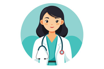Fototapeta premium A female doctor stands confidently with a stethoscope around her neck, dressed in a lab coat, exuding warmth and professionalism in a healthcare environment.