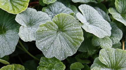 Frost covered plant leaves with multiple water droplets visible
