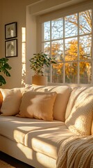 Cozy living room bathed in autumn sunlight