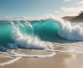 Rolling turquoise waves crash, whitecaps explode on pristine beach , dynamic, image