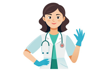 A healthcare worker stands with a welcoming smile, dressed in a lab coat and gloves, ready to provide medical assistance and promote wellness to patients.