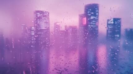 Skyscrapers and city lights behind wet glass in a vibrant hue