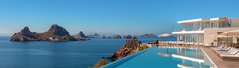 An infinity pool overlooking a scenic ocean and rocky islands