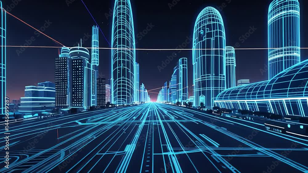 Poster futuristic city skyline rendered with glowing neon blue wireframe architecture and grid-based roads 
