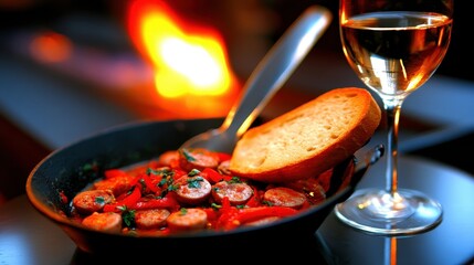 Realistic and Delicious Sausage with Peppers in a Pan Accompanied by a Glass of White Wine and Toast Bread Against a Warm Fireplace Background