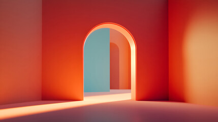 Geometric Elegance: A modern architectural design is showcased with a captivating composition of curved archways and vivid color gradients, creating a striking visual narrative of space and light.