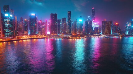 Fototapeta premium A vibrant city skyline at night, illuminated by colorful lights and motion, creating an urban atmosphere.
