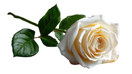 Ivory Rose: A single, elegant ivory rose with delicate petals and lush green leaves, isolated against a pure white background. Its graceful form symbolizes purity, love, and new beginnings.