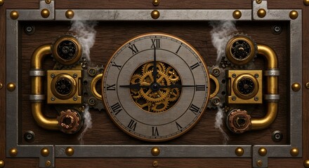 Intricate steampunk clock with gears and brass details near smoky pipes in a vintage setting Generative AI