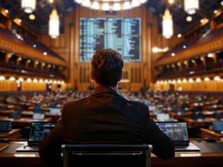man in a suit sits at a desk, facing a large digital board in a grand, modern conference hall filled with people.