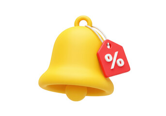 A yellow bell with a red percentage tag hanging from it isolated on transparent background