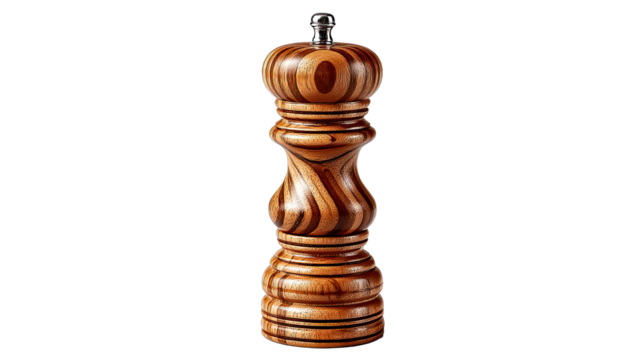 Wooden Pepper Grinder: A rustic, hand-crafted wooden pepper grinder, with a unique grain pattern and a chrome top, ready to bring a touch of artisanal style to your kitchen.
