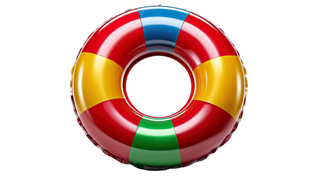 Vibrant Buoy: An eye-catching close-up of a colorful inflatable life preserver, ready for summer adventures in the bright sunlight, inviting viewers to take a plunge into fun.