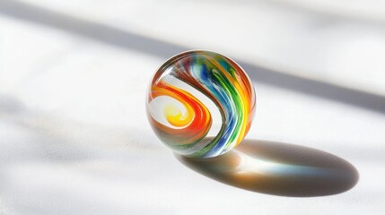 Colorful Glass Marble Illuminated With Swirling Interior and Dramatic Shadows on White Surface
