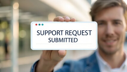 A smiling individual holds a phone displaying "Support Request Submitted," indicating successful communication or assistance.