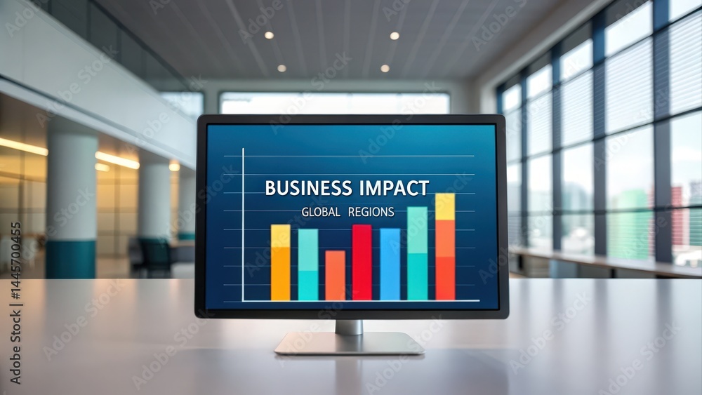 Poster a modern office setting featuring a computer monitor displaying a colorful graph titled 