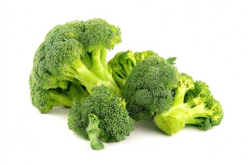 Fresh green broccoli florets on white background, healthy cruciferous vegetable
