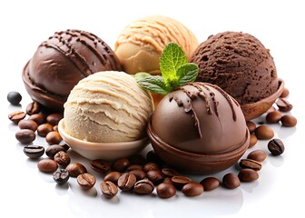 Ice cream scoops ball chocolate vanilla chocolate chip coffee milk based dessert isolated on white background